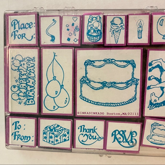 NEW 20 pc Party Stamp Set, Inkadinkado Rubber Crafts Original Plastic Box - Picture 2 of 5